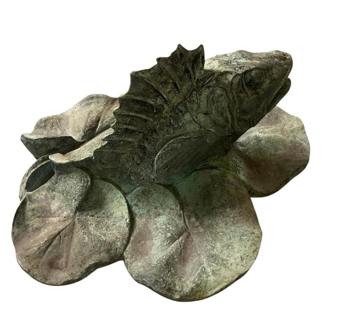 Vintage Verdigris Bronze Perch & Lily Pad Fountain Spouted Sculpture - 2