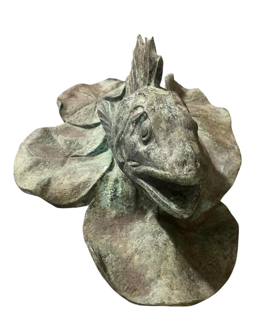 Vintage Verdigris Bronze Perch & Lily Pad Fountain Spouted Sculpture - 3