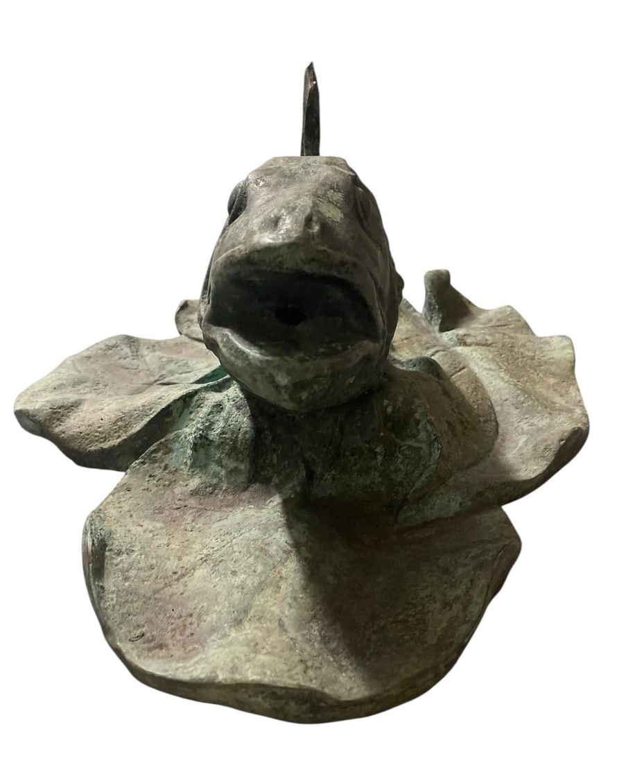 Vintage Verdigris Bronze Perch & Lily Pad Fountain Spouted Sculpture - 4