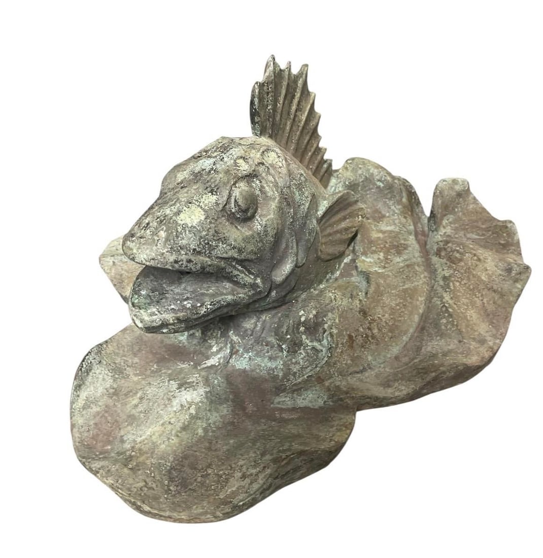Vintage Verdigris Bronze Perch & Lily Pad Fountain Spouted Sculpture - 5