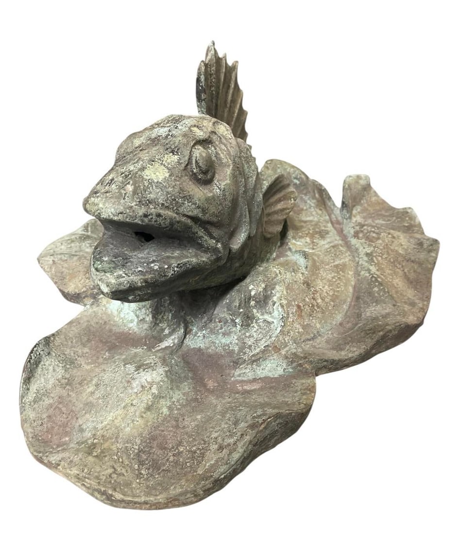 Vintage Verdigris Bronze Perch & Lily Pad Fountain Spouted Sculpture - 6