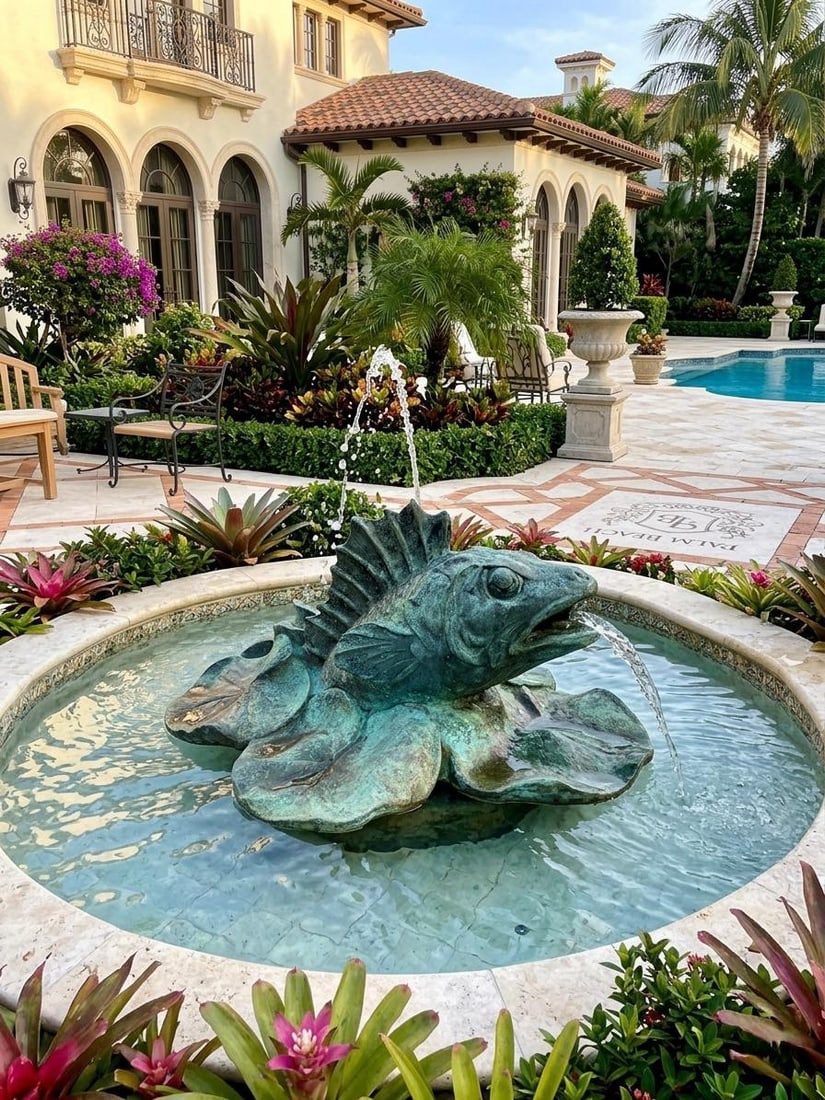 Vintage Verdigris Bronze Perch & Lily Pad Fountain Spouted Sculpture - 7