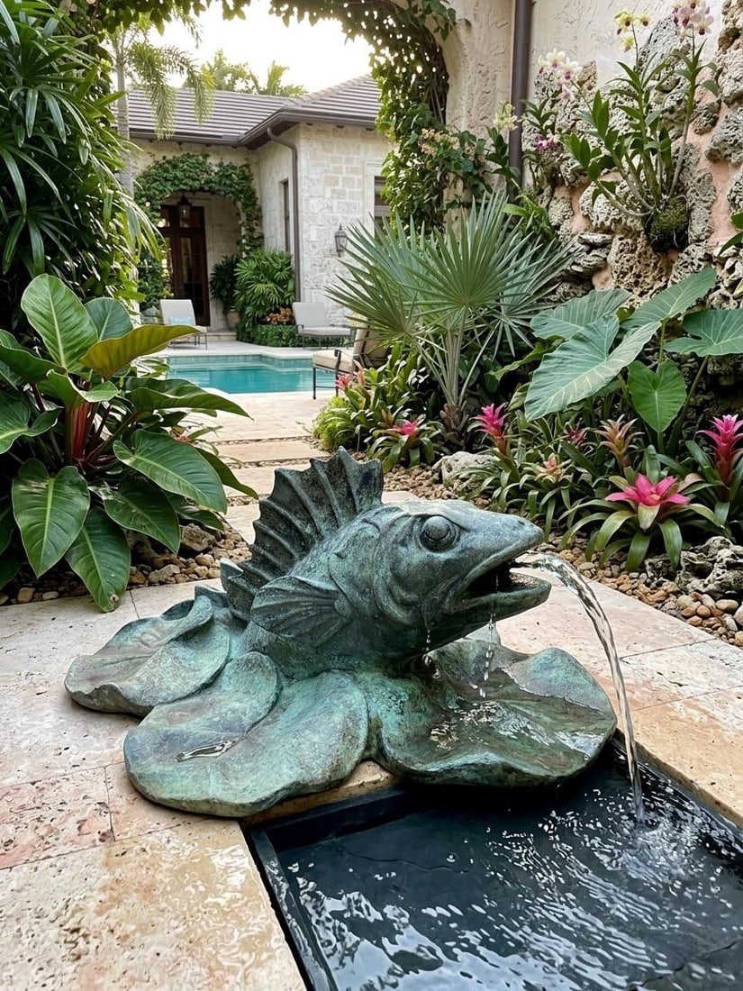 Vintage Verdigris Bronze Perch & Lily Pad Fountain Spouted Sculpture - 8