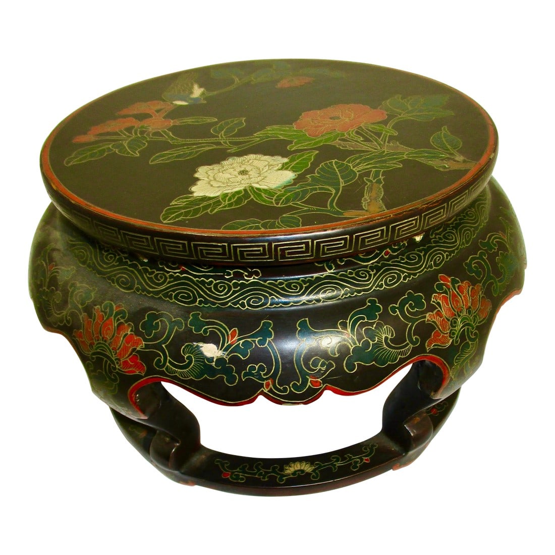 Chinese Vase Stand Painted Miniature Table: Chinese painted and ebonized stand. Five legs painted in a floral and bird scene, highlighted with gold tracings. Colorful design of red, green, and yellow on a black ground. The size of the top is 8.