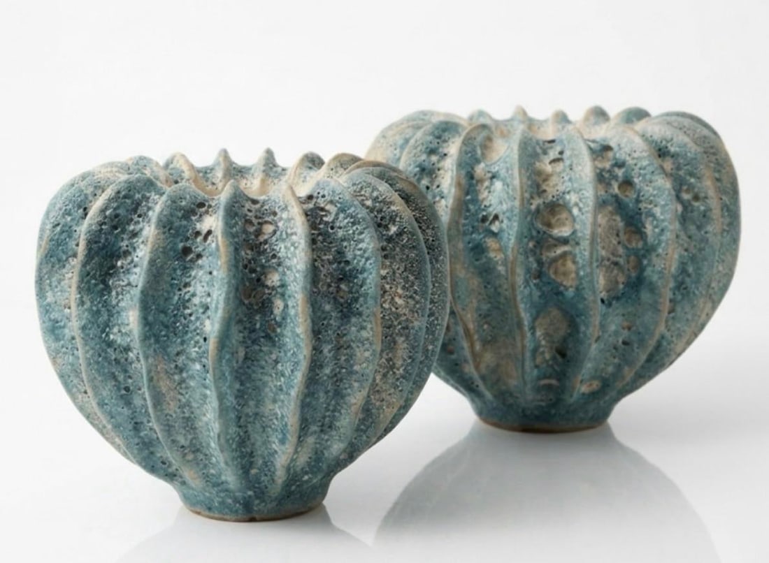 Pair of Italian Artisan Ribbed "Lava" Ceramic Vessels - 2