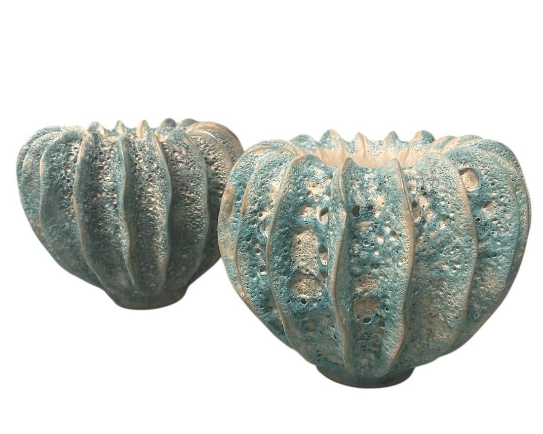 Pair of Italian Artisan Ribbed "Lava" Ceramic Vessels - 5