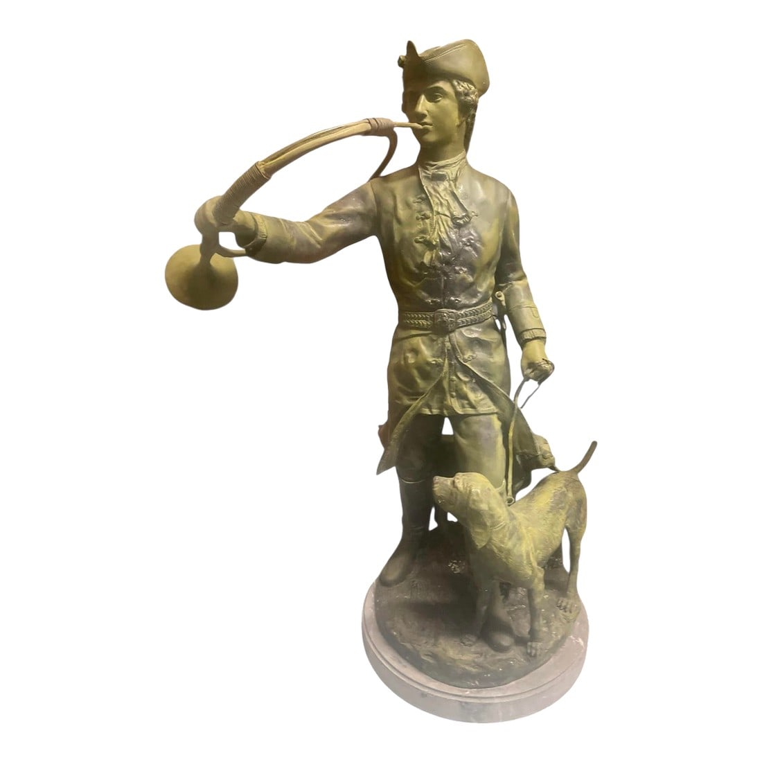 Antique-Style French Hunt Master Bronze Statue on Marble Base: This impressive large-scale bronze sculpture depicts a traditional French "Piqueur" (Hunt Master) in mid-hunt. Clad in ornate 18th-century period attire"”including a tricorne hat, frock coat wit