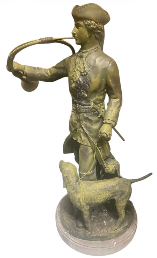 Antique-Style French Hunt Master Bronze Statue on Marble Base - 4