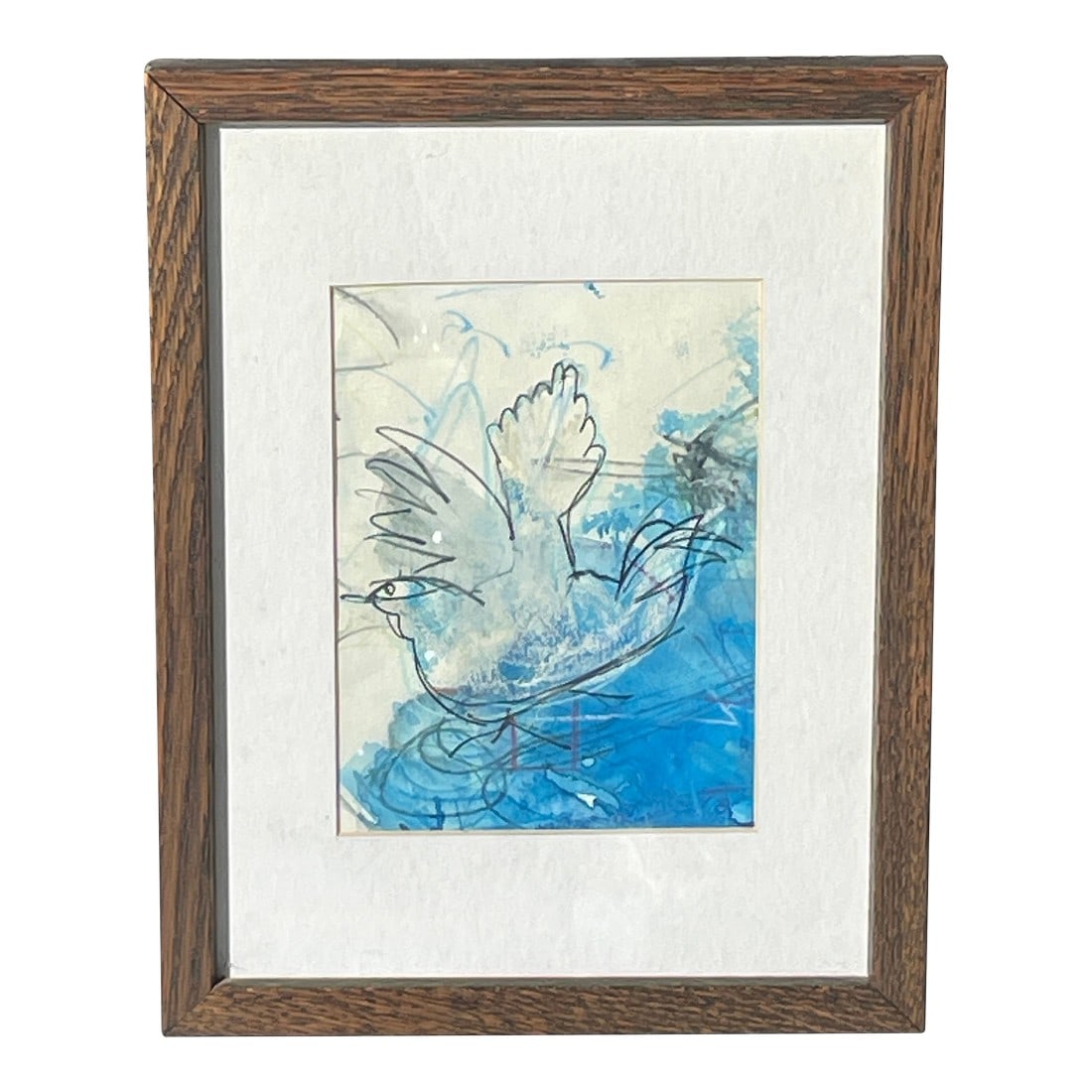 1960s Picasso-Esque Flying Dove Painting: A very sweet Picasso-esque painting of a peaceful bird. Brings a smile to my face and a brightness to the room~ Condition: Alterations: Original Condition Unaltered Imperfections: Some Imperfections