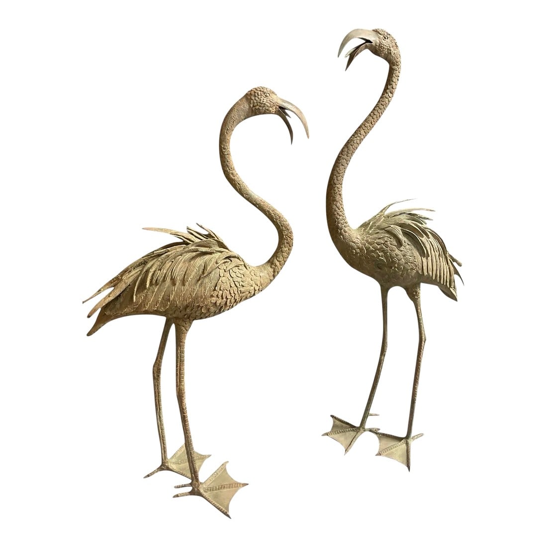 Pair of Vintage Verdigris Bronze Flamingo Garden Statues: Transform a garden, terrace, or poolside into a sophisticated oasis with this striking pair of life-sized flamingo sculptures. Cast in bronze with a beautifully aged verdigris patina, these statues