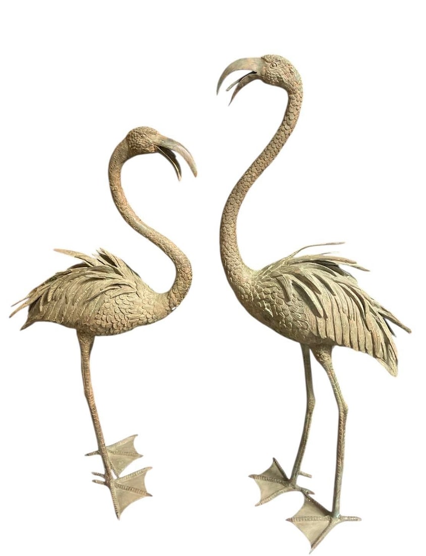 Pair of Vintage Verdigris Bronze Flamingo Garden Statues - 2