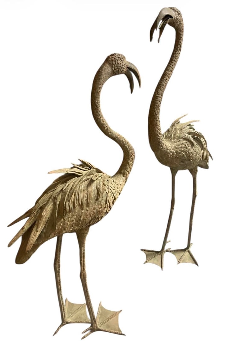 Pair of Vintage Verdigris Bronze Flamingo Garden Statues - 3
