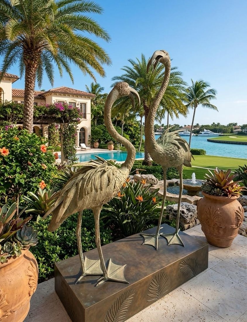 Pair of Vintage Verdigris Bronze Flamingo Garden Statues - 8