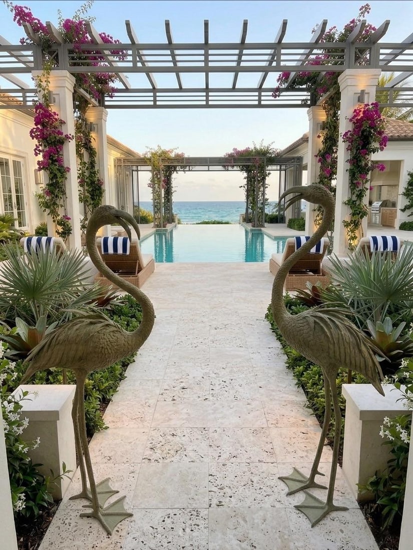 Pair of Vintage Verdigris Bronze Flamingo Garden Statues - 9