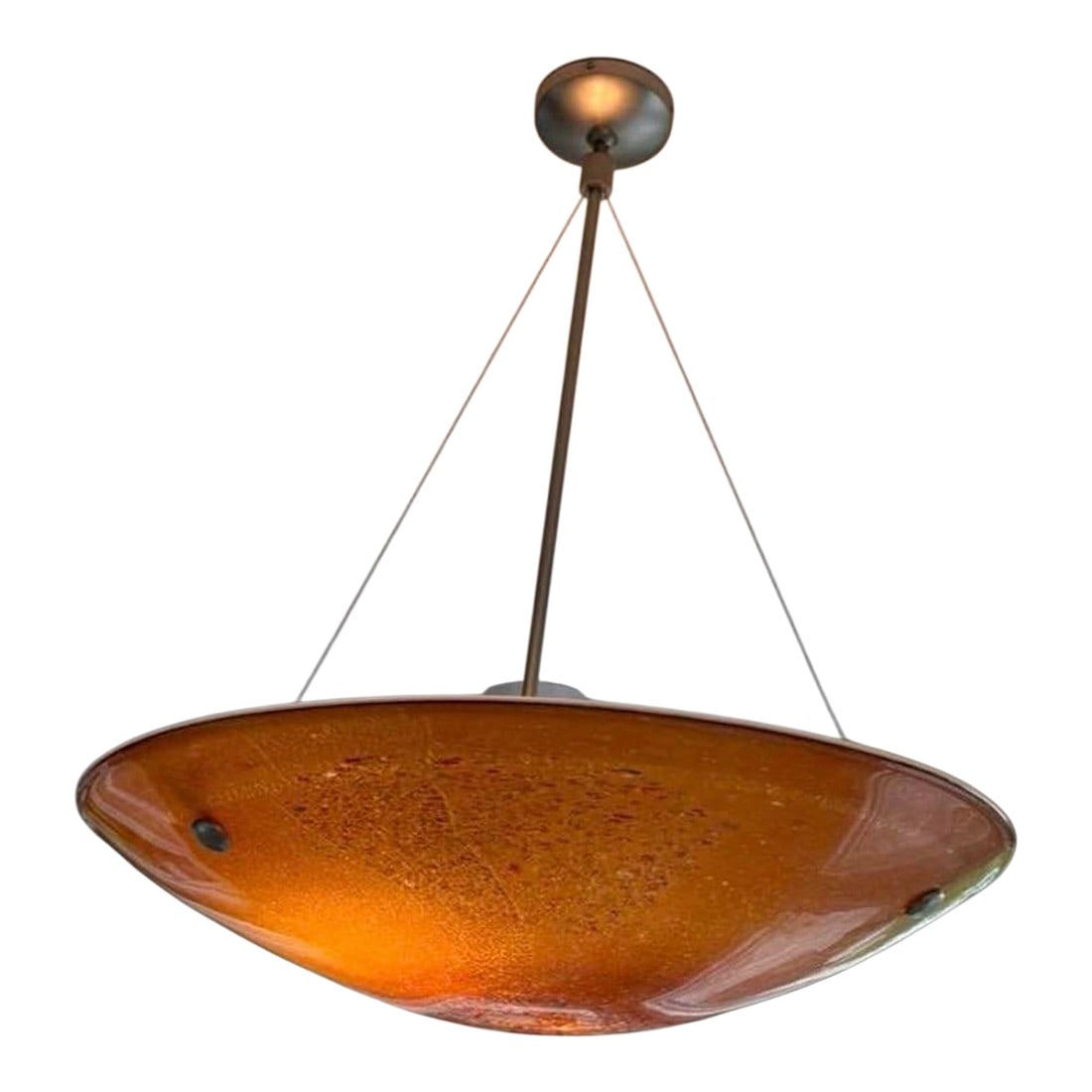 Meyda Lighting (From the Metro Fusion Collection)-Fused Amber Art Glass 30" Inverted Bowl Chandeli: Large and beautiful ! This Meyda Metro Fusion Pendant for being vintage is in remarkable condition. This is hand-fused glass that's not just stunning when lit but gorgeous when off. I've searched and