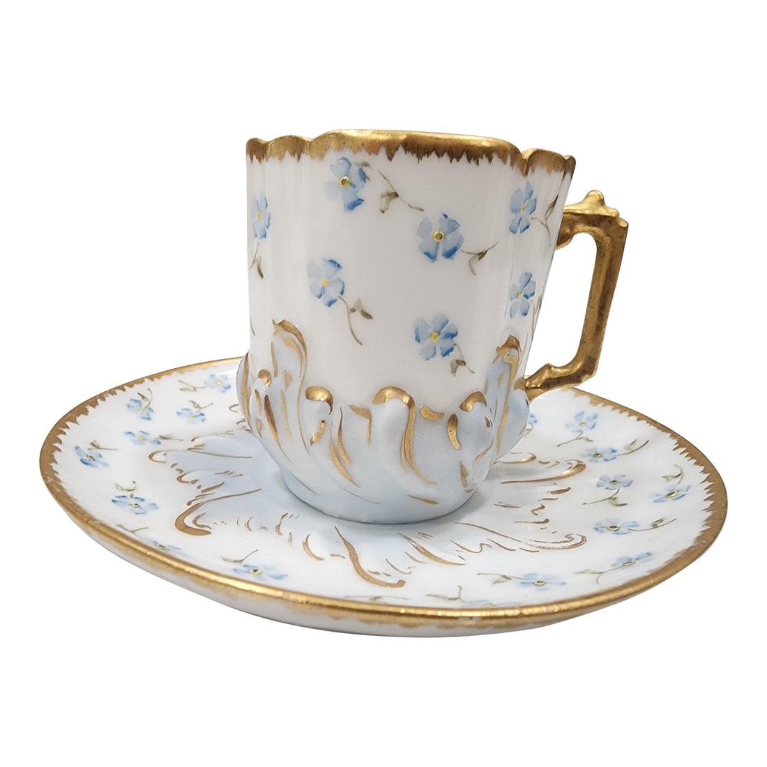 Late 19th Century Fabulous Signed Austrian Antique Teacup and Saucer Dated 1893: This adorable demitasse teacup and saucer set was hand painted by Dr. John Allen and dated 1893 with a D.S. on the base also. It is extremely fine and delicate with beautiful light blue flowers and