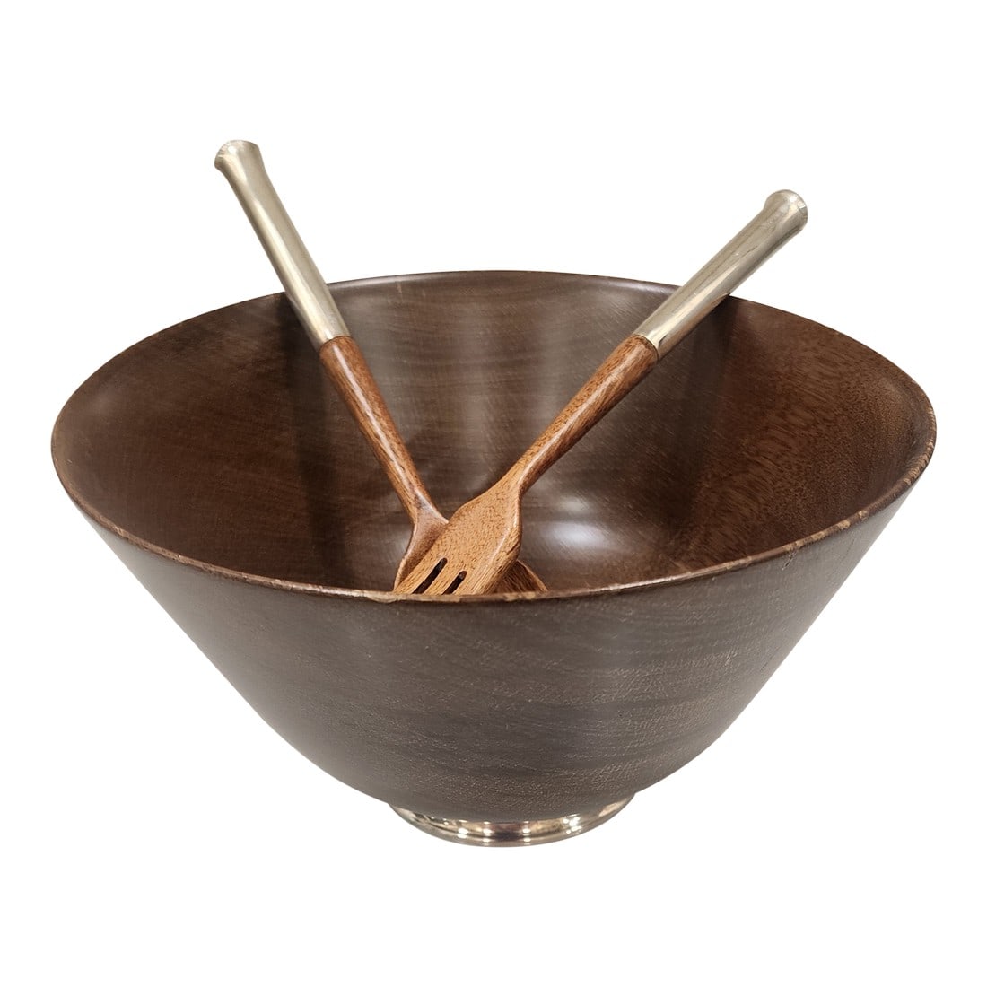 1970s Newport Mid Century Modern Wood and Sterling Silver Salad Bowl and Utensils Made in France: Beautiful wood bowl with Sterling Silver base and spoon and fork serving set. Wood is stamped France Condition: Alterations: Original Condition Unaltered Imperfections: Some Imperfections Condition No