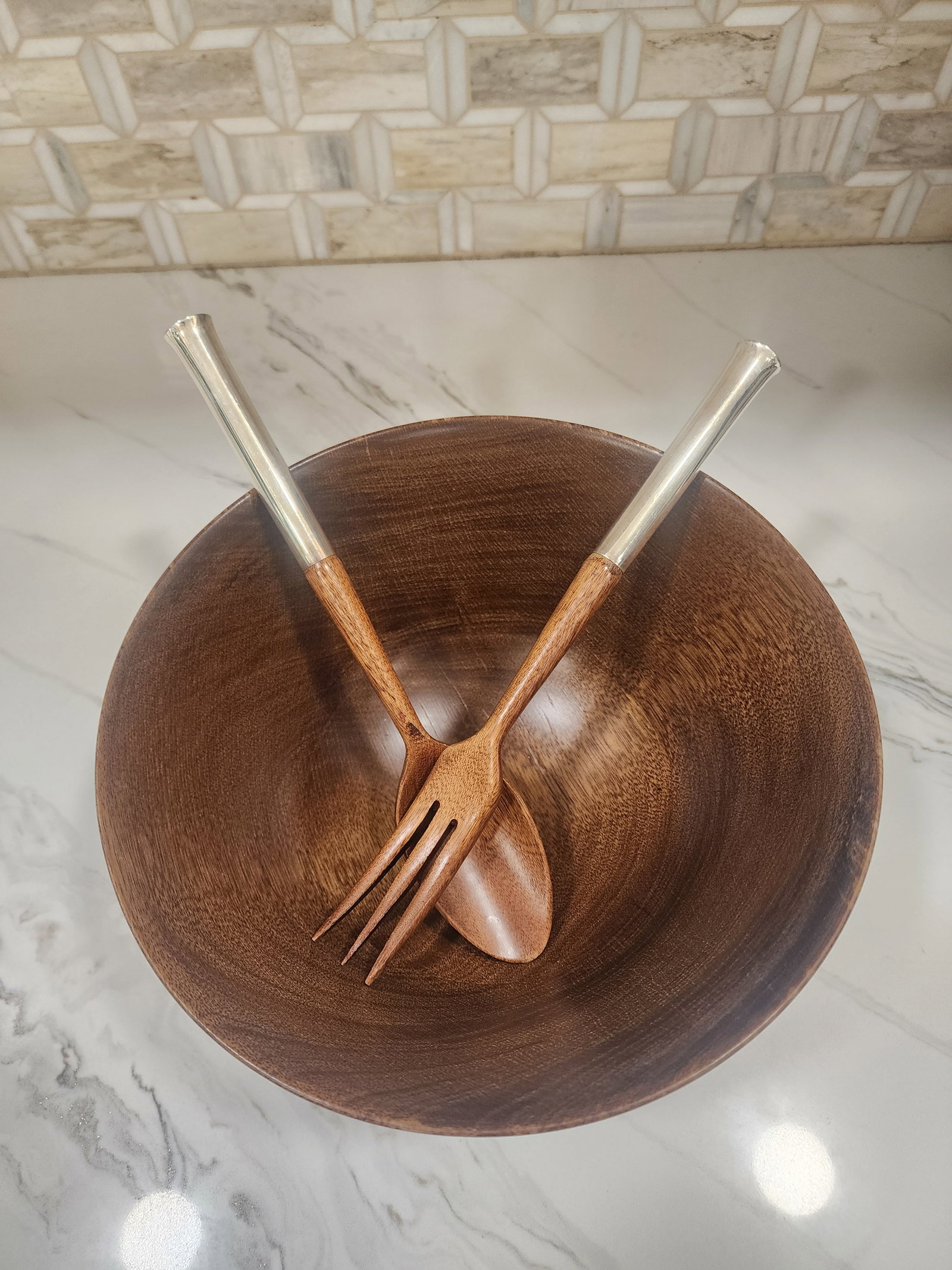 1970s Newport Mid Century Modern Wood and Sterling Silver Salad Bowl and Utensils Made in France - 2