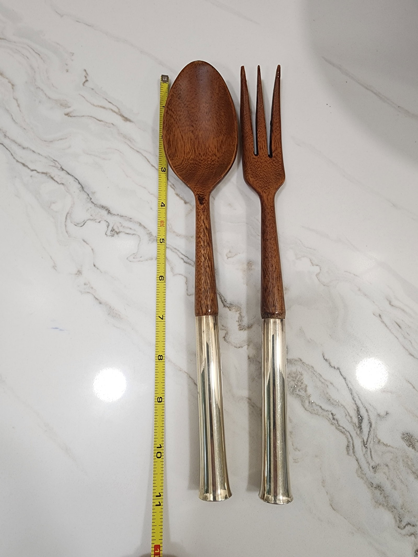 1970s Newport Mid Century Modern Wood and Sterling Silver Salad Bowl and Utensils Made in France - 3