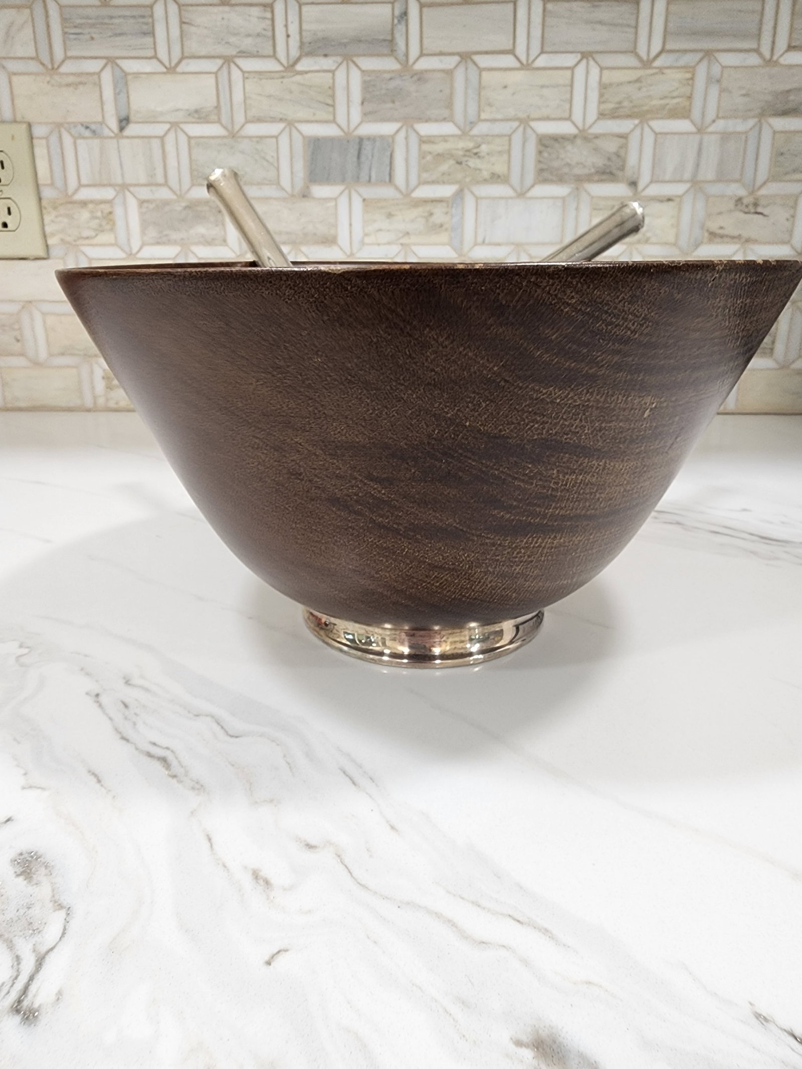 1970s Newport Mid Century Modern Wood and Sterling Silver Salad Bowl and Utensils Made in France - 5