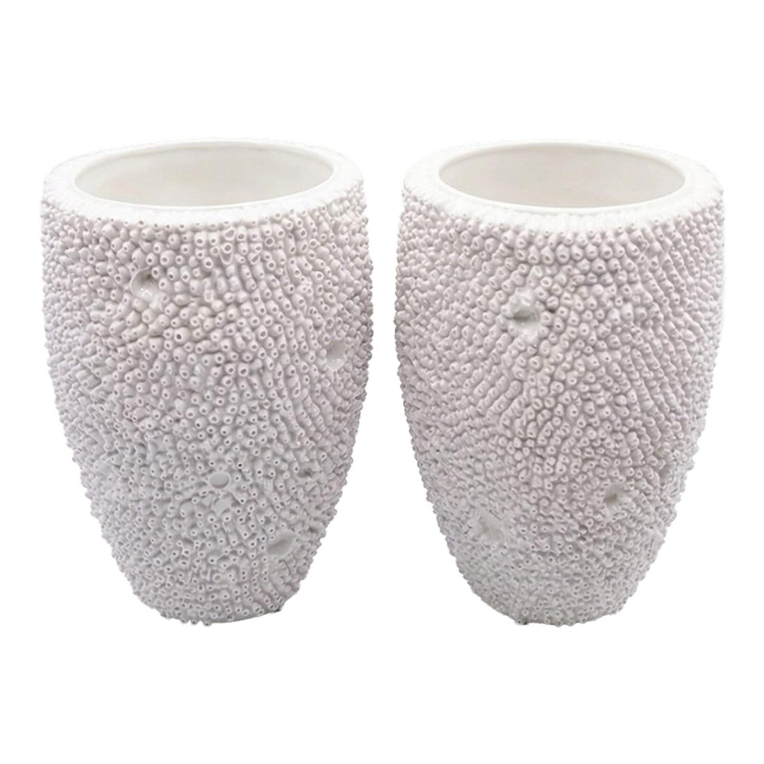 A Pair of Hand-Applied "Barnacle" Texture Italian Ceramic Vases: Evoke the organic beauty of the Mediterranean with this exquisite pair of recently made Italian ceramic vases. Hand-crafted in Italy, these vessels feature a dramatic, high-relief texture composed of