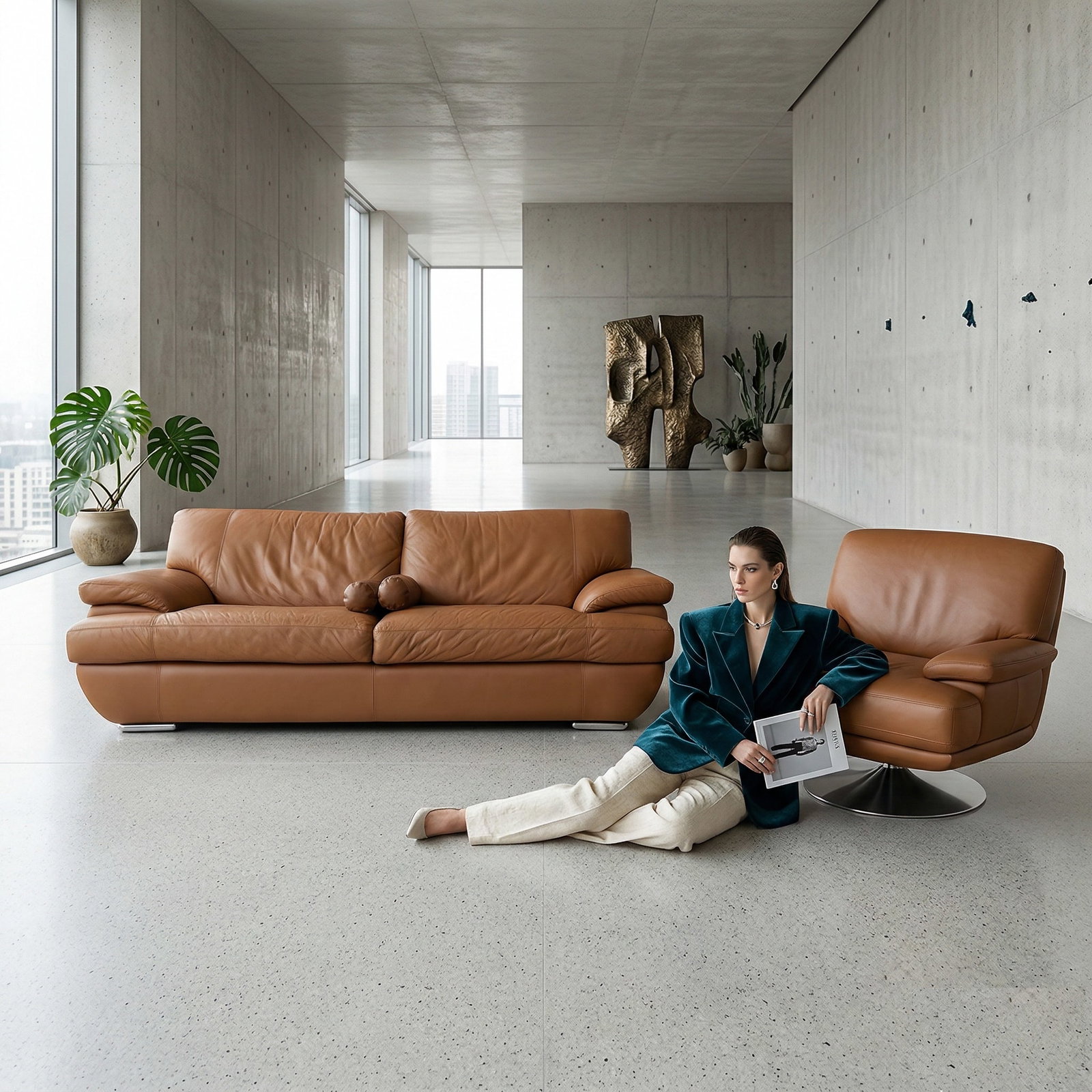Loom Sculptural Leather Sofa & Lounge Chair Set - 3