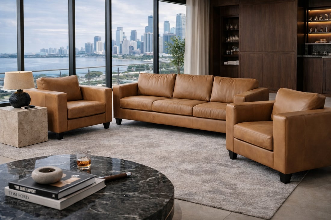 Loom Golden Light Leather Sofa & Lounge Chair Set - 3