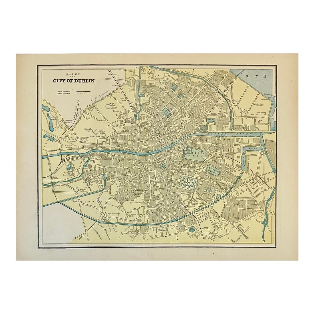 Dublin, Ireland, Original Map by Cram, 1889: Original engraving titled Map of the City of Dublin by Cram from Cram's Unrivaled Atlas of the World, 1889. Map features an elegant street-by-street rendering of Dublin with the River Liffey, docks,