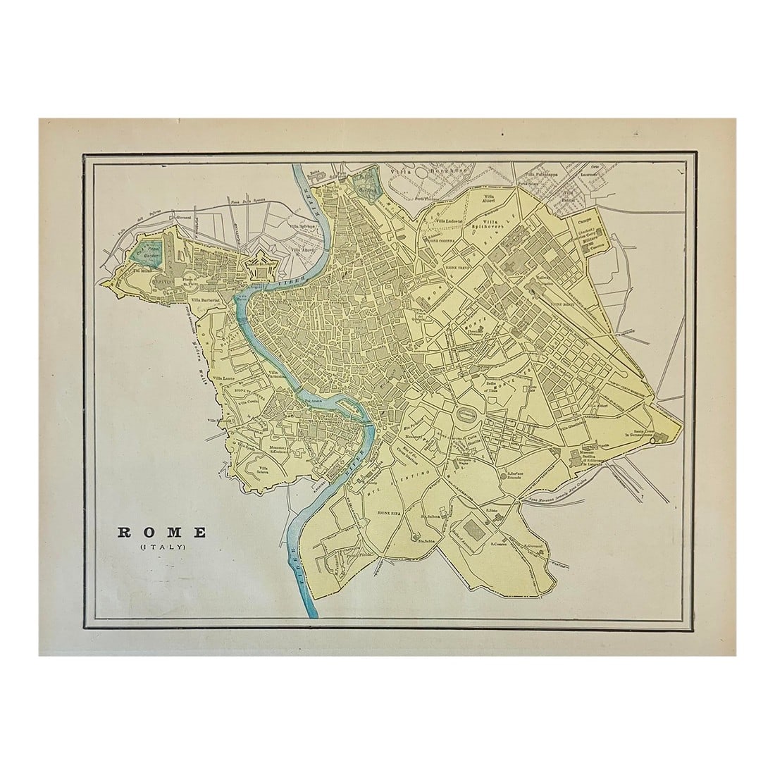 Rome, Italy, Original Map by Cram, 1889: Original engraving by Cram from Cram's Unrivaled Atlas of the World, 1889. Highlights street layouts, parks, the Tiber River, and key buildings from that era. Dimensions: 14.5" x 11", unframed. In