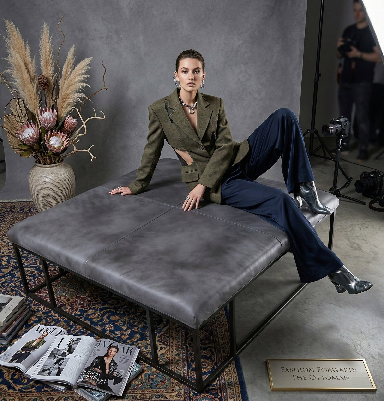 Modern Leather Ottoman Coffee Table With Metal Frame, 45" Square - 3