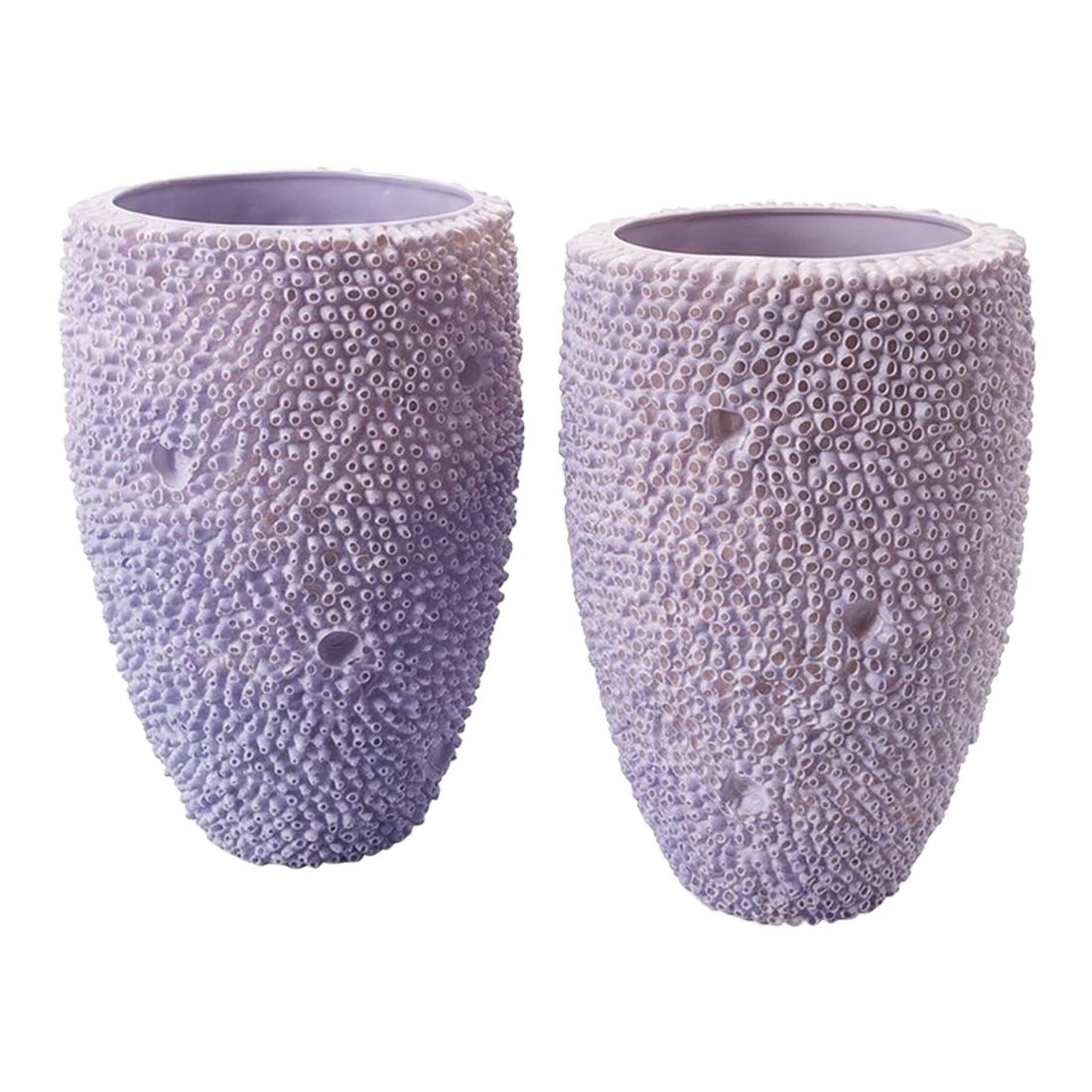 Pair of Lavender Textured Coral-Style Vases: These striking vases feature a highly tactile, organic surface inspired by natural sea coral or barnacle formations. Finished in a soft lavender-purple with subtle ombre transitions, their tapered