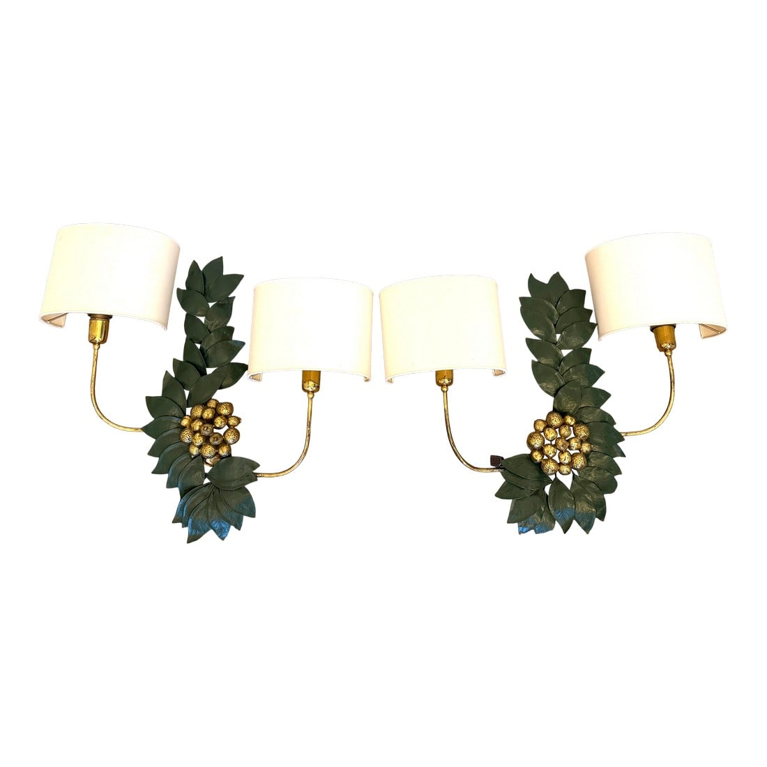 Bronze and Brass Sculptural Grape/Lemon Leaf Wall Sconces: Bronze and Brass wall sculptures, resembling grape leaves. Impressive size and weight. Each sconce has two light sources with custom linen shades. From an estate in Palm Beach. With shades, each