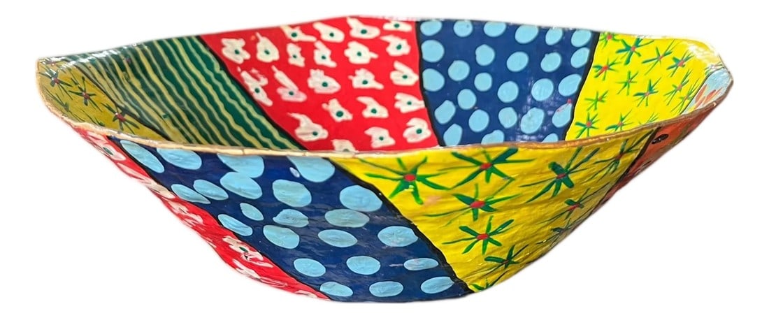 Vintage Hand-Painted Papier-Mâché Bowl – Colorful Folk Art, Memphis Style Patchwork: Handmade papier-mâché decorative bowl featuring a vibrant patchwork of florals, stripes, and graphic dot motifs in saturated primary tones. The segmented design"”outlined in bold