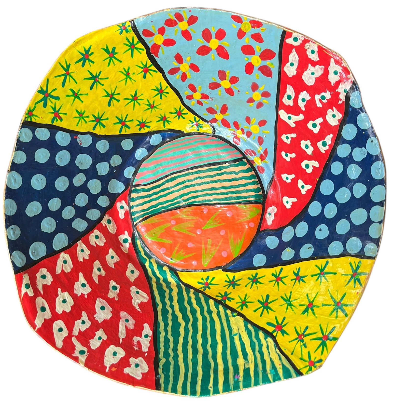 Vintage Hand-Painted Papier-Mâché Bowl – Colorful Folk Art, Memphis Style Patchwork - 2