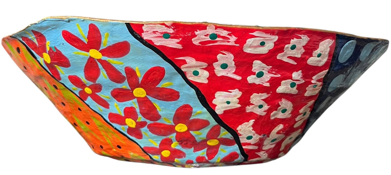 Vintage Hand-Painted Papier-Mâché Bowl – Colorful Folk Art, Memphis Style Patchwork - 3