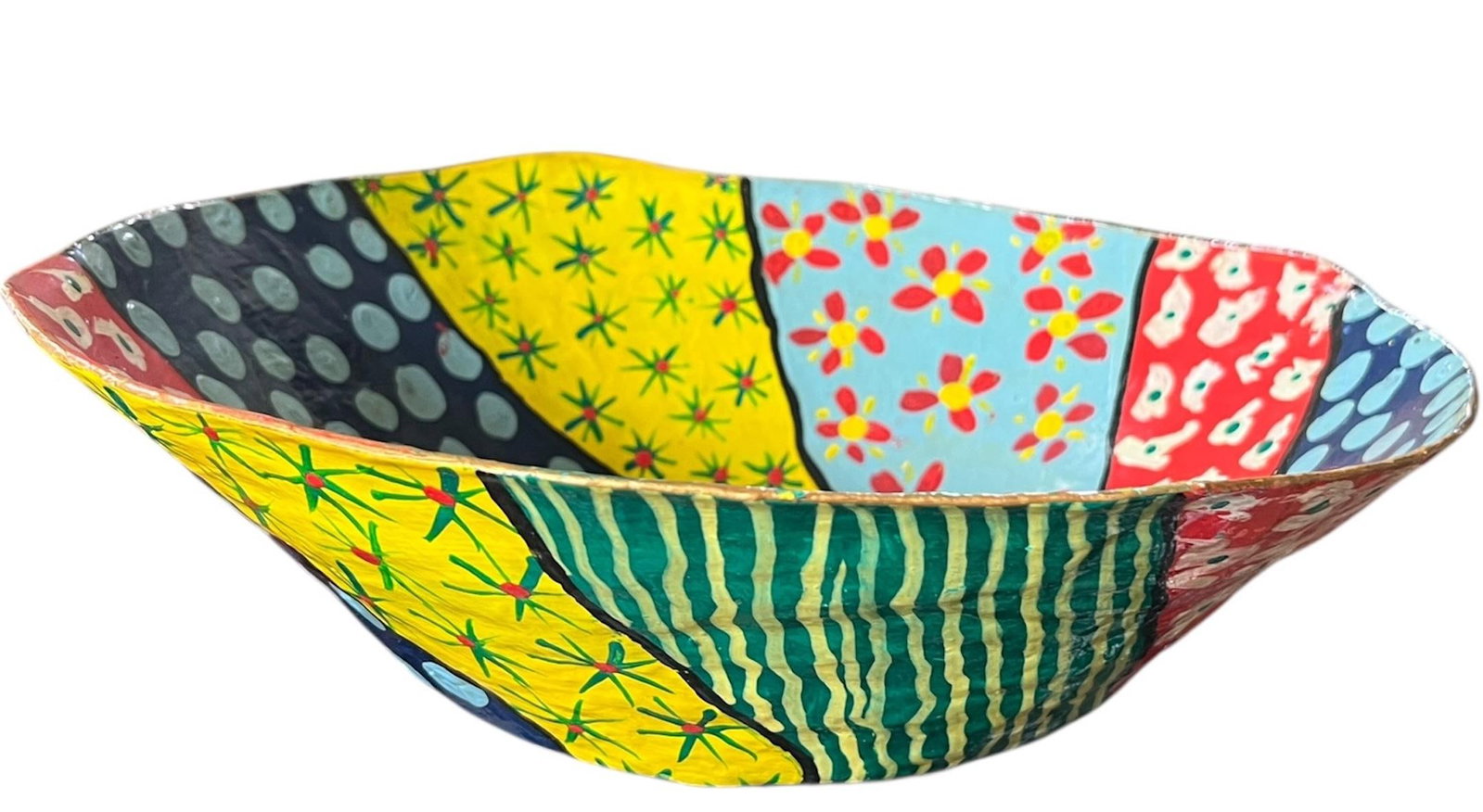 Vintage Hand-Painted Papier-Mâché Bowl – Colorful Folk Art, Memphis Style Patchwork - 4
