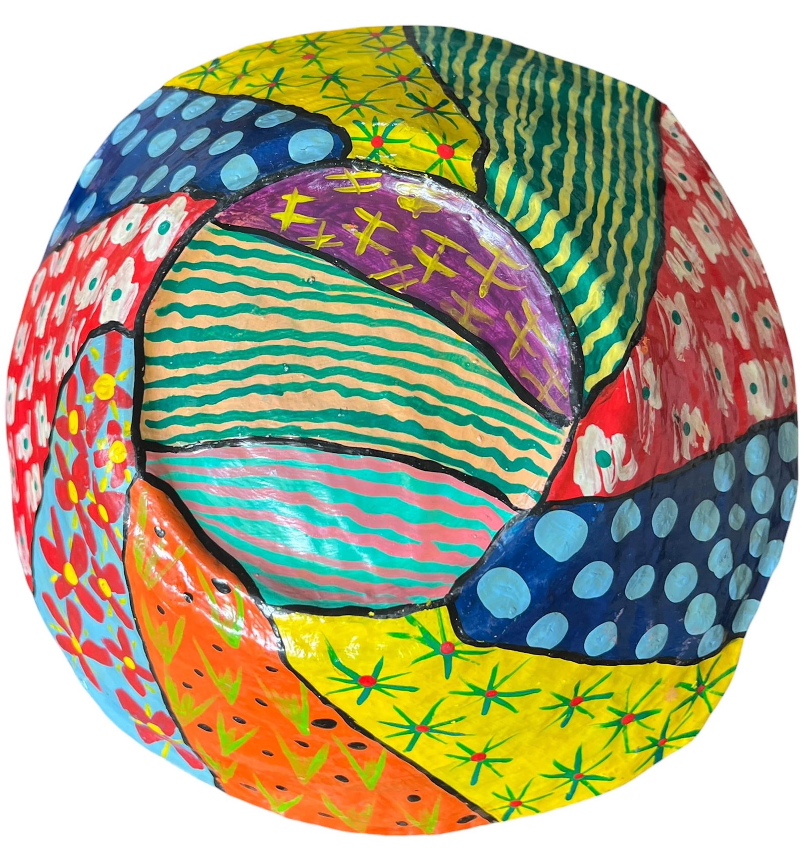 Vintage Hand-Painted Papier-Mâché Bowl – Colorful Folk Art, Memphis Style Patchwork - 5