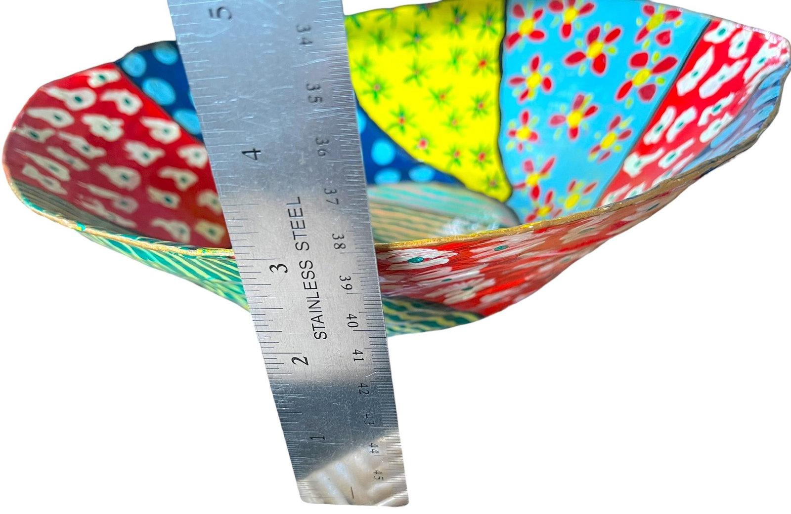 Vintage Hand-Painted Papier-Mâché Bowl – Colorful Folk Art, Memphis Style Patchwork - 6