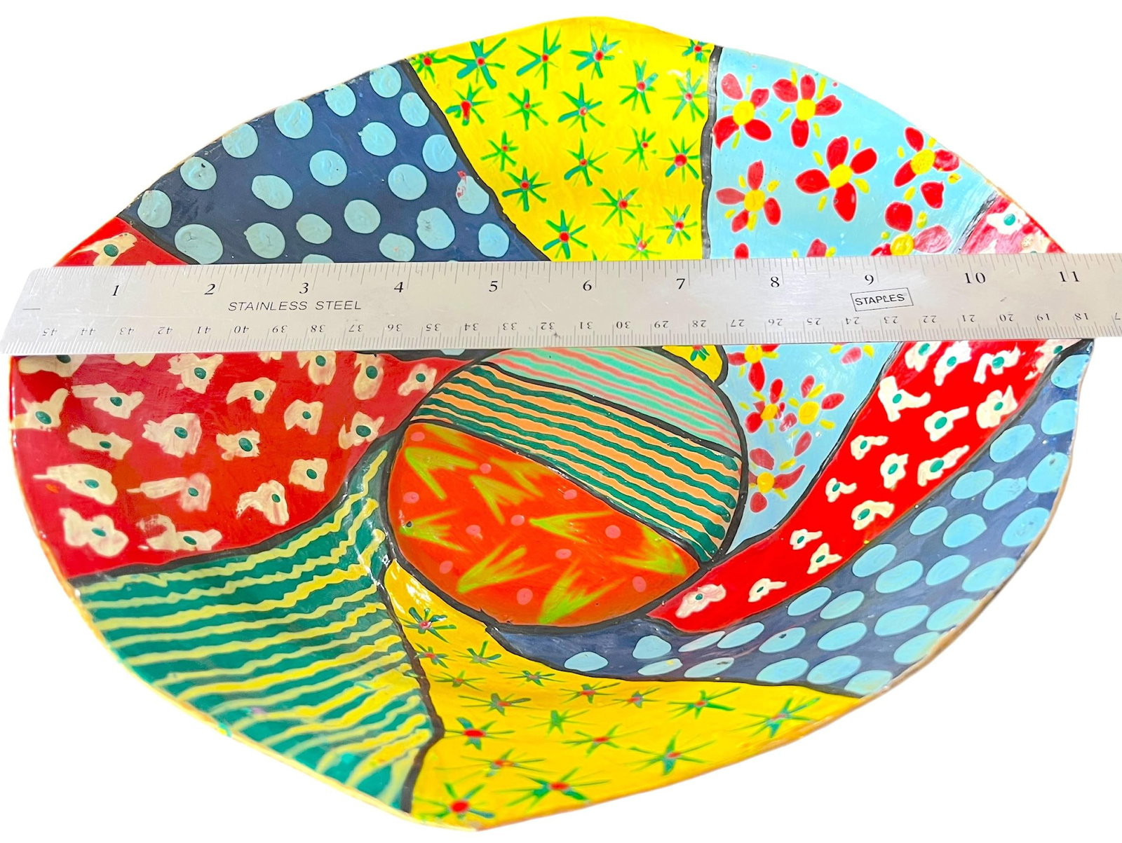 Vintage Hand-Painted Papier-Mâché Bowl – Colorful Folk Art, Memphis Style Patchwork - 7
