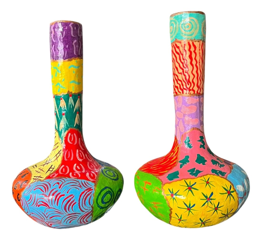 Pair of Vintage Hand-Painted Papier-Mâché Vases – Colorful Folk Art, Memphis Style: A striking pair of handmade papier-mâché vases featuring bold, patchwork-style decoration in saturated, high-contrast color. Each vessel is uniquely hand-painted with a mix of graphic