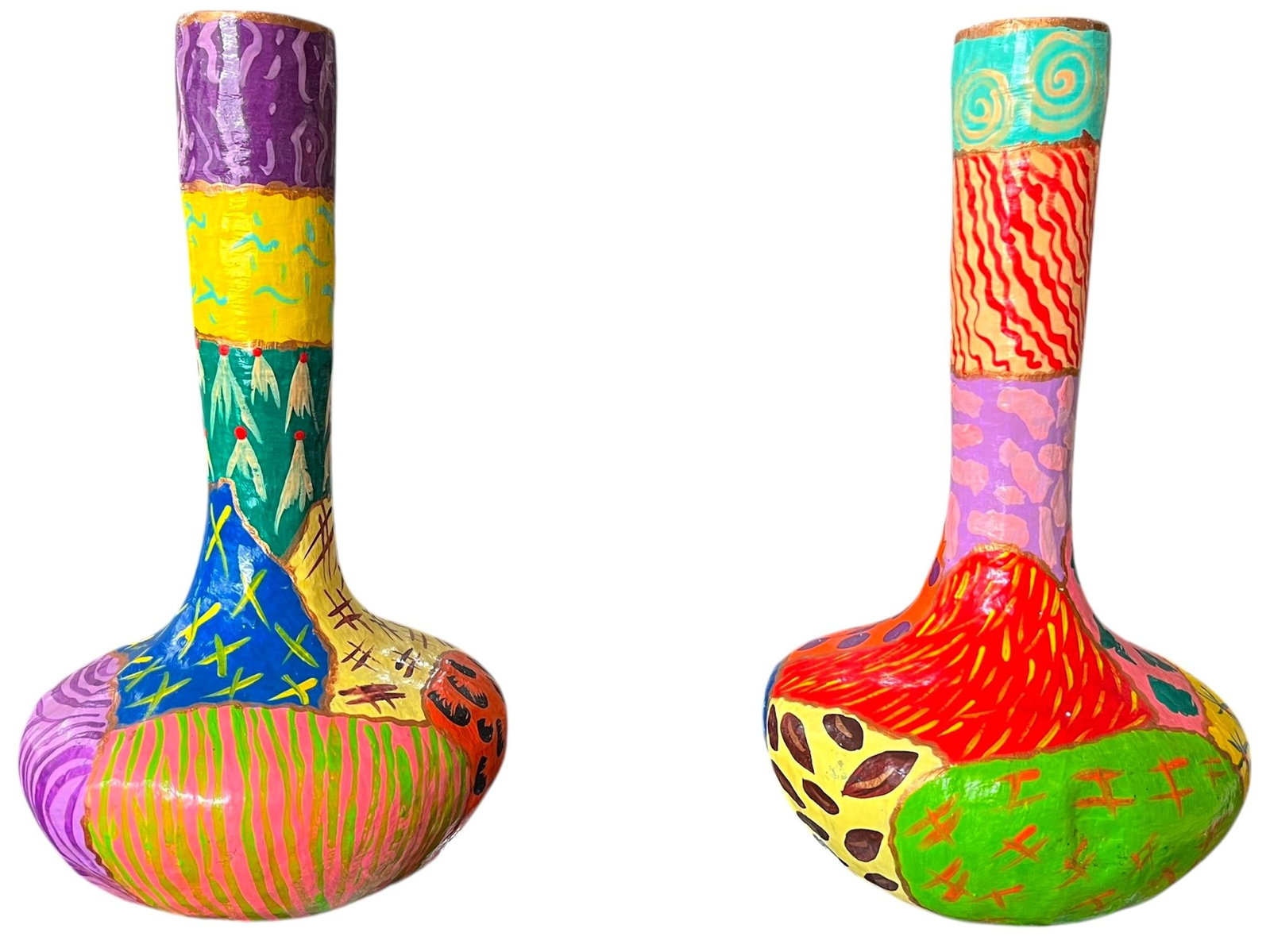 Pair of Vintage Hand-Painted Papier-Mâché Vases – Colorful Folk Art, Memphis Style - 2