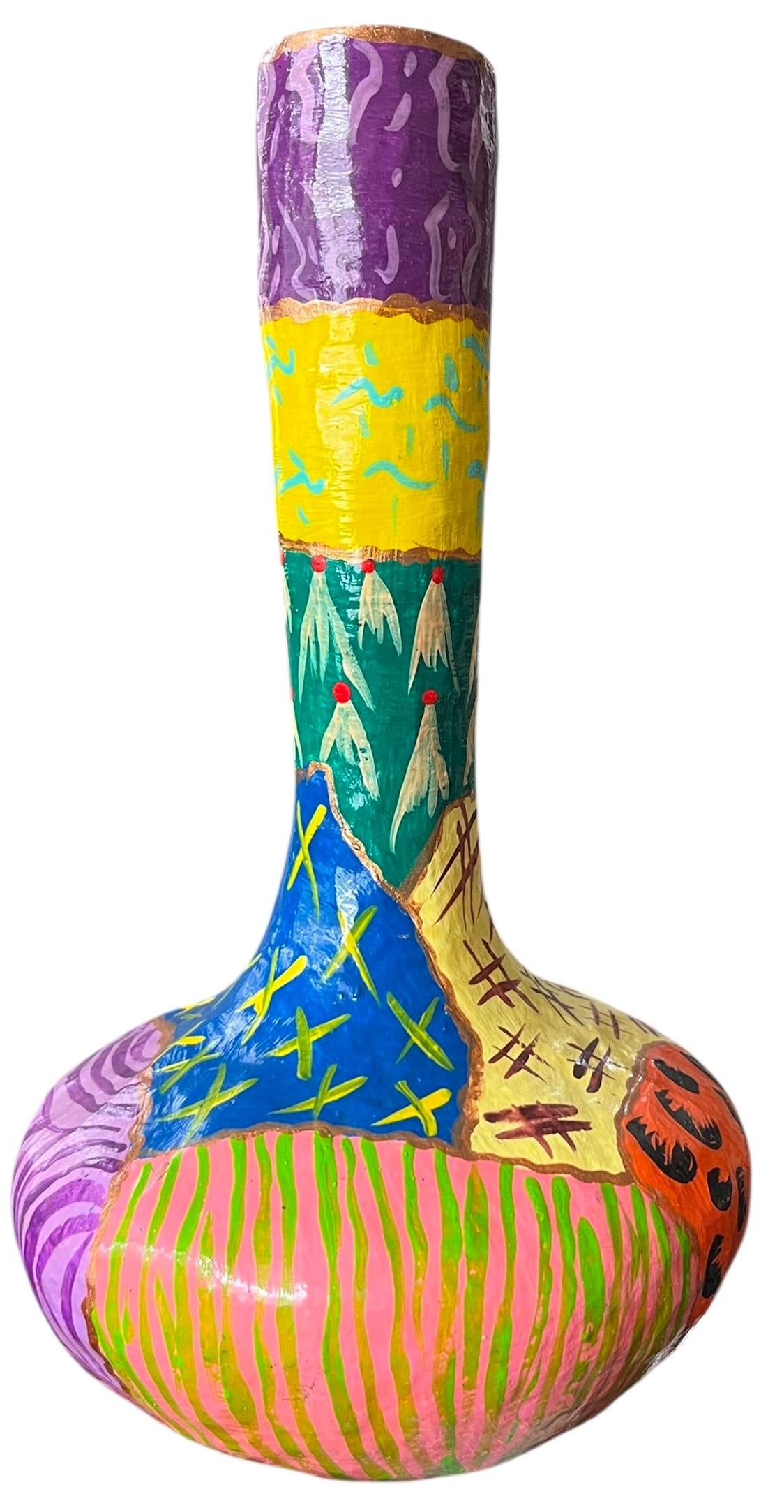 Pair of Vintage Hand-Painted Papier-Mâché Vases – Colorful Folk Art, Memphis Style - 3
