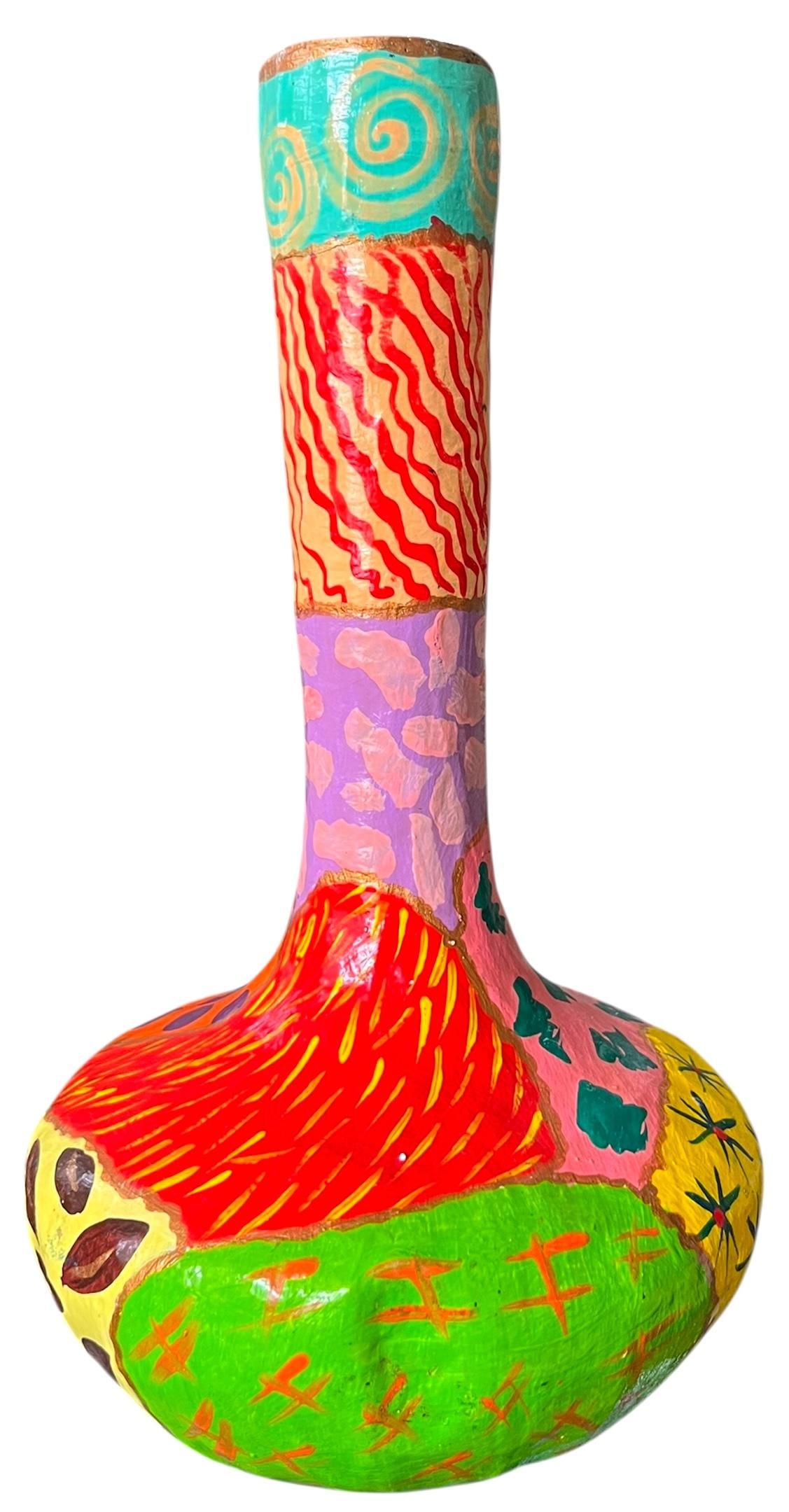 Pair of Vintage Hand-Painted Papier-Mâché Vases – Colorful Folk Art, Memphis Style - 4