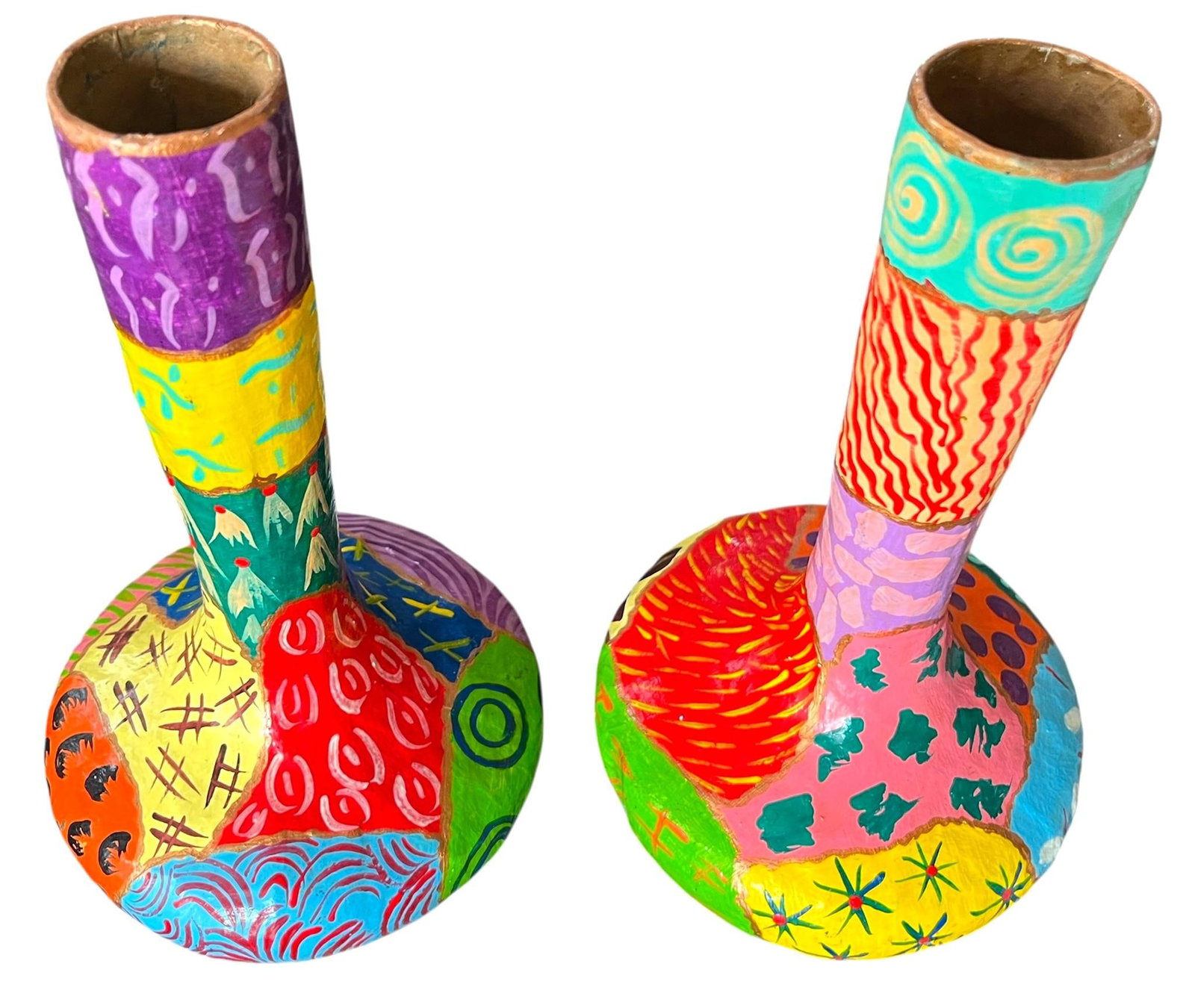 Pair of Vintage Hand-Painted Papier-Mâché Vases – Colorful Folk Art, Memphis Style - 5