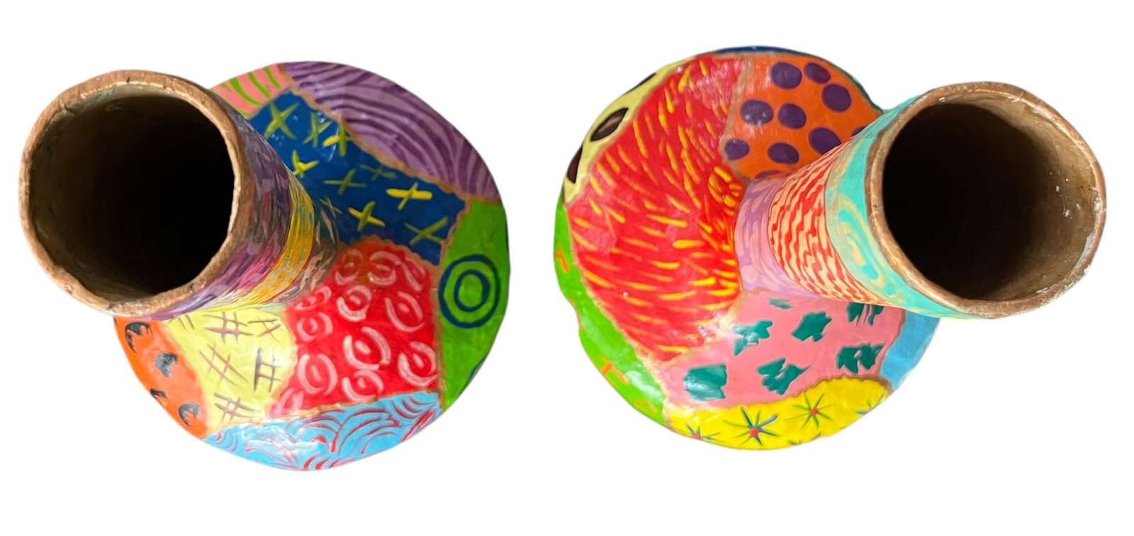 Pair of Vintage Hand-Painted Papier-Mâché Vases – Colorful Folk Art, Memphis Style - 6