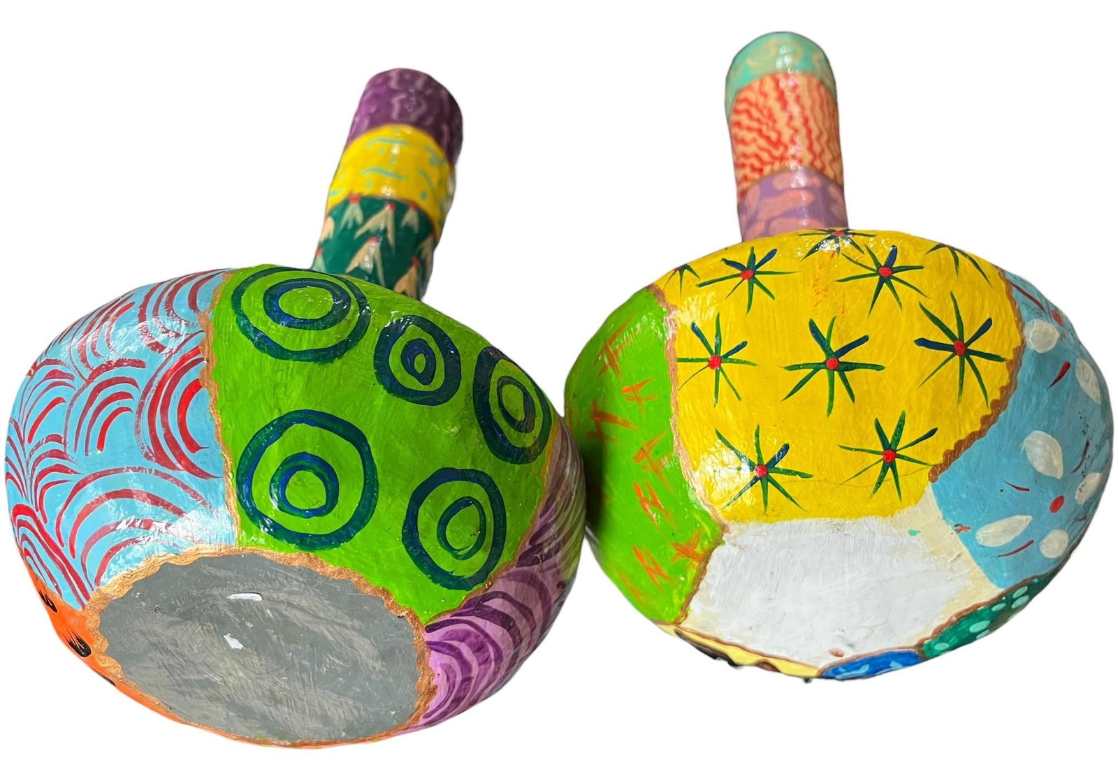 Pair of Vintage Hand-Painted Papier-Mâché Vases – Colorful Folk Art, Memphis Style - 7