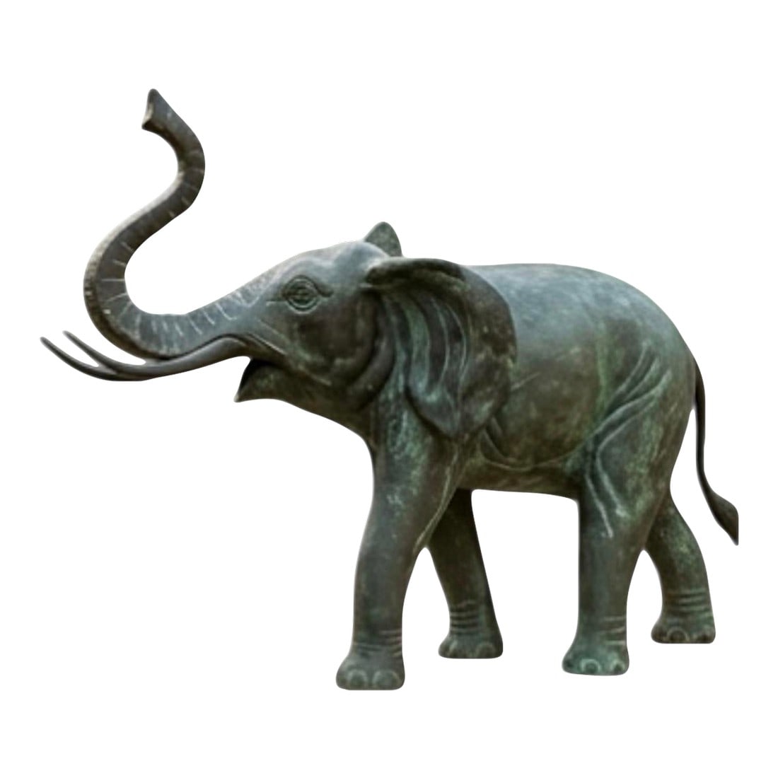 Hollywood Regency Large Scale Verdigris Bronze Elephant Sculpture: Command attention with this magnificent, life-sized (54" length) bronze elephant sculpture. Captured in a dynamic and auspicious pose with its trunk raised high, this piece symbolizes good luck,