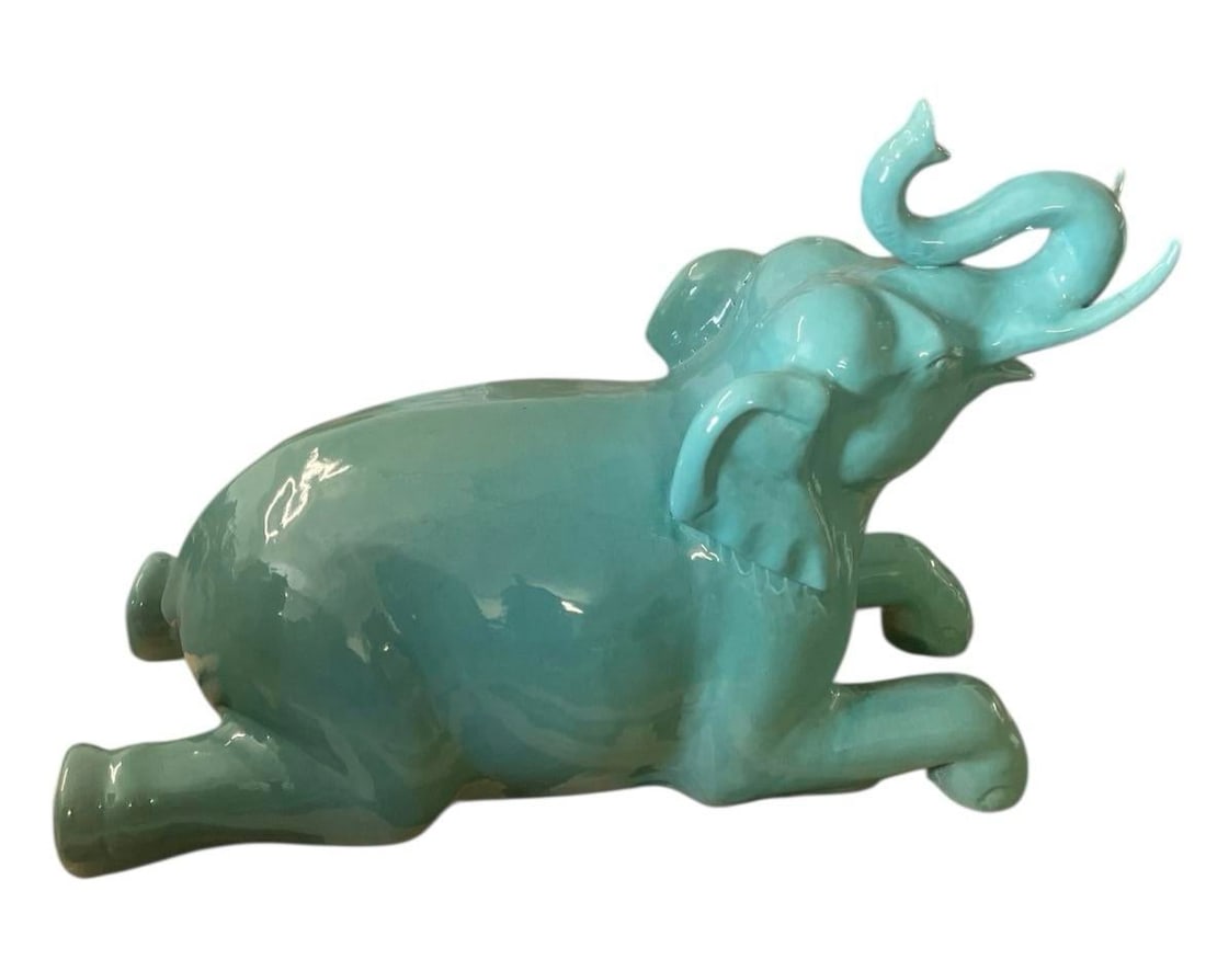 Large Vintage Italian Glazed Celadon Ceramic Reclining Elephant Sculpture - 2