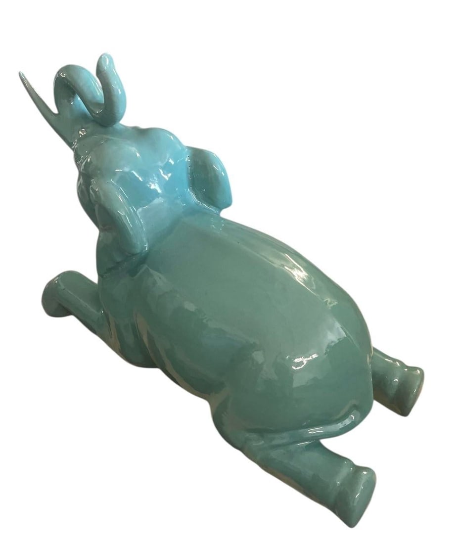 Large Vintage Italian Glazed Celadon Ceramic Reclining Elephant Sculpture - 3