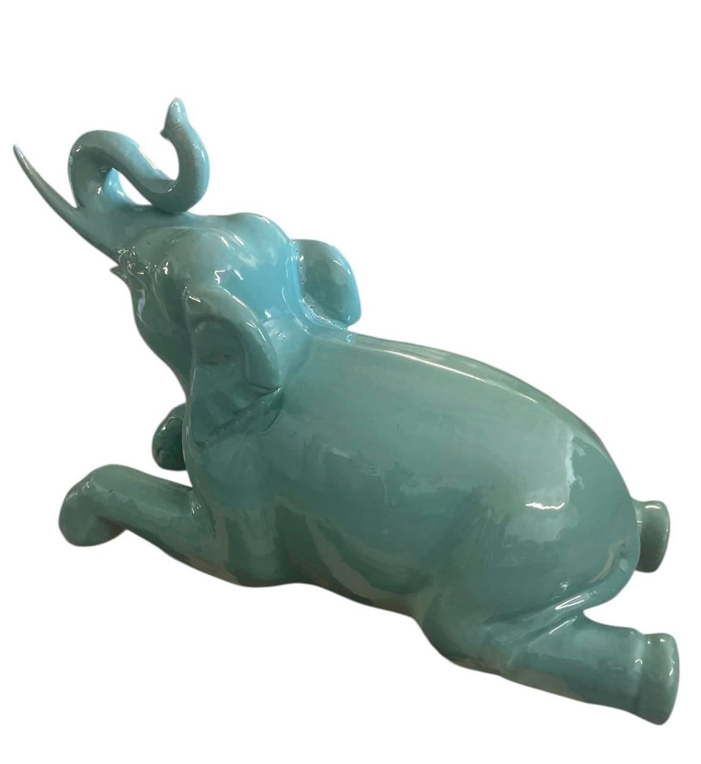 Large Vintage Italian Glazed Celadon Ceramic Reclining Elephant Sculpture - 4